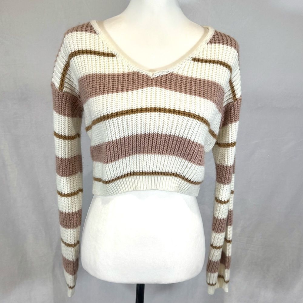 Cream blush pink and mocha color block striped cropped sweater size 4